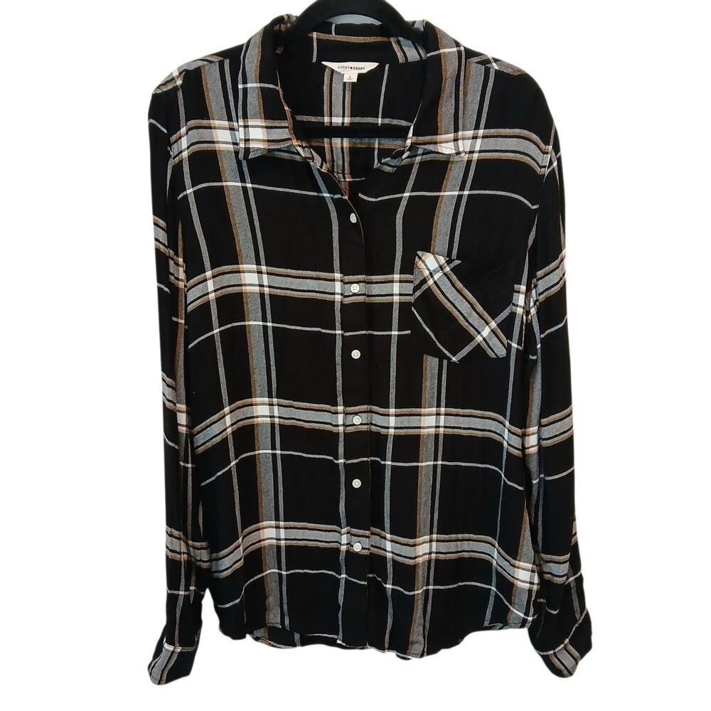 Lucky Brand Black Gray Tan Flannel Plaid Button Up Sz Large Lightweight Viscose